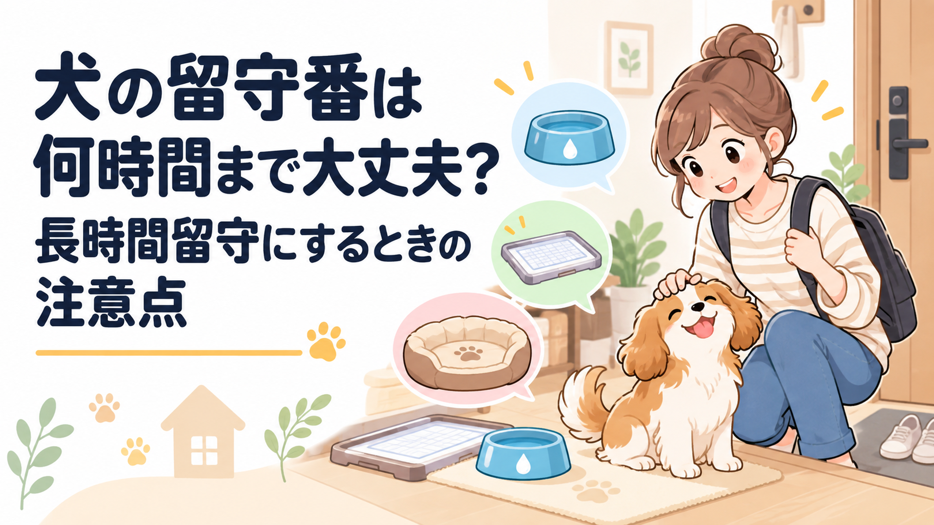 外出前に犬の水とトイレと安全な寝床を確認して安心して留守番できる環境を整える飼い主と愛犬