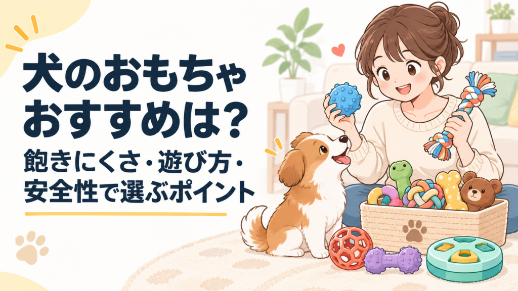 噛むおもちゃやロープやボールや知育玩具の中から愛犬に合うものを選んでいる飼い主