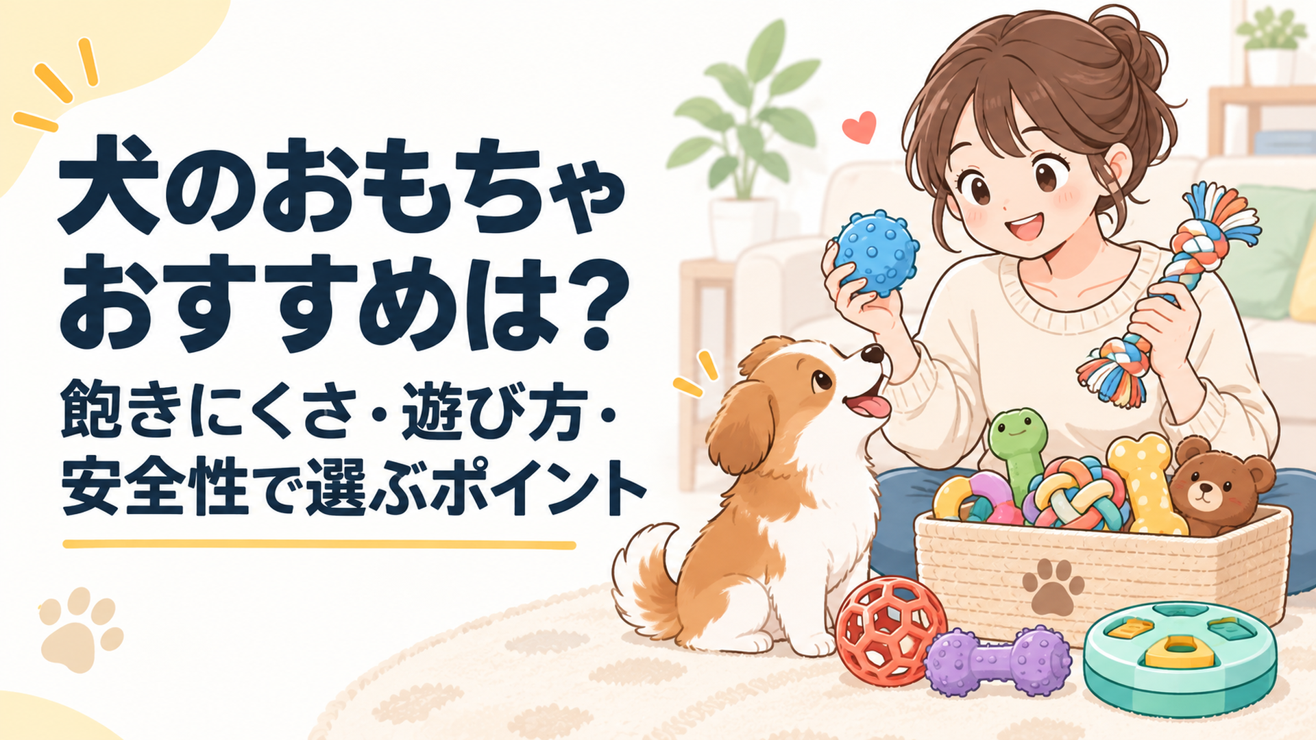 噛むおもちゃやロープやボールや知育玩具の中から愛犬に合うものを選んでいる飼い主