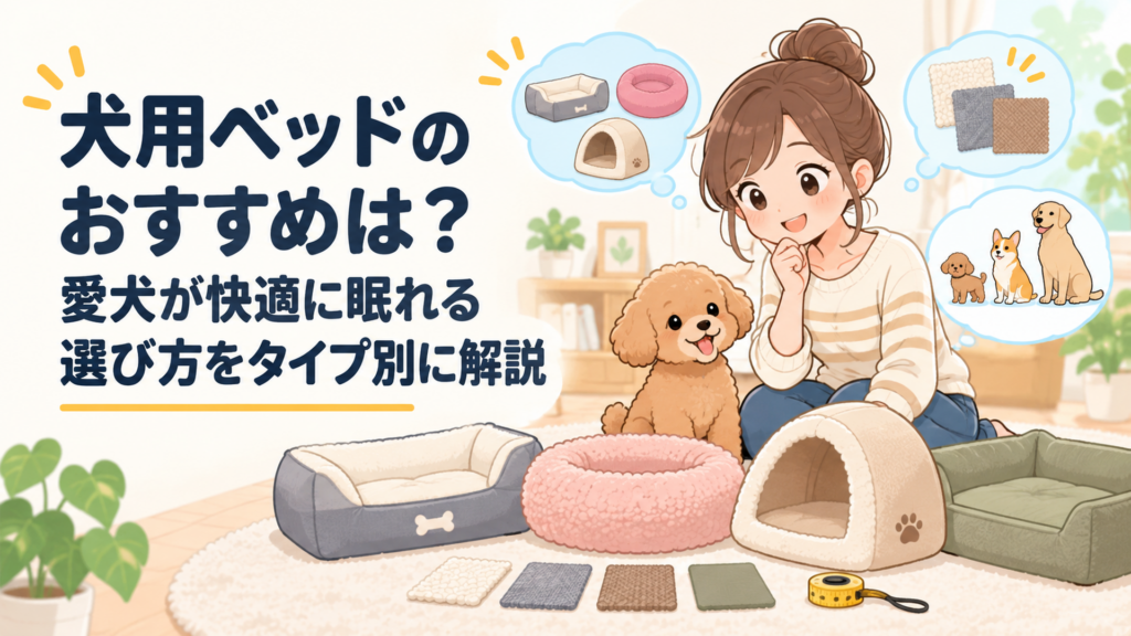 犬用ベッドの形やサイズと素材を見比べながら愛犬に合うものを選ぶ飼い主